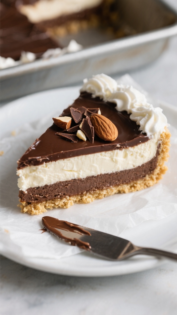 Close-up detail shot: A clean slice of the keto Cool Whip and chocolate layer dessert lifted from a