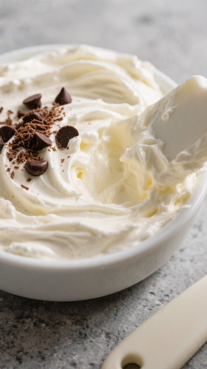 Close-up detail shot: A creamy keto cream cheese dessert dip mid-prep as the fluffy whipped cream is