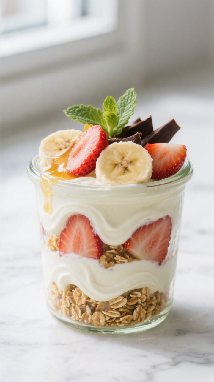 Close-up detail shot: A glass jar parfait mid-assembly showing distinct layers—creamy vanilla Gree