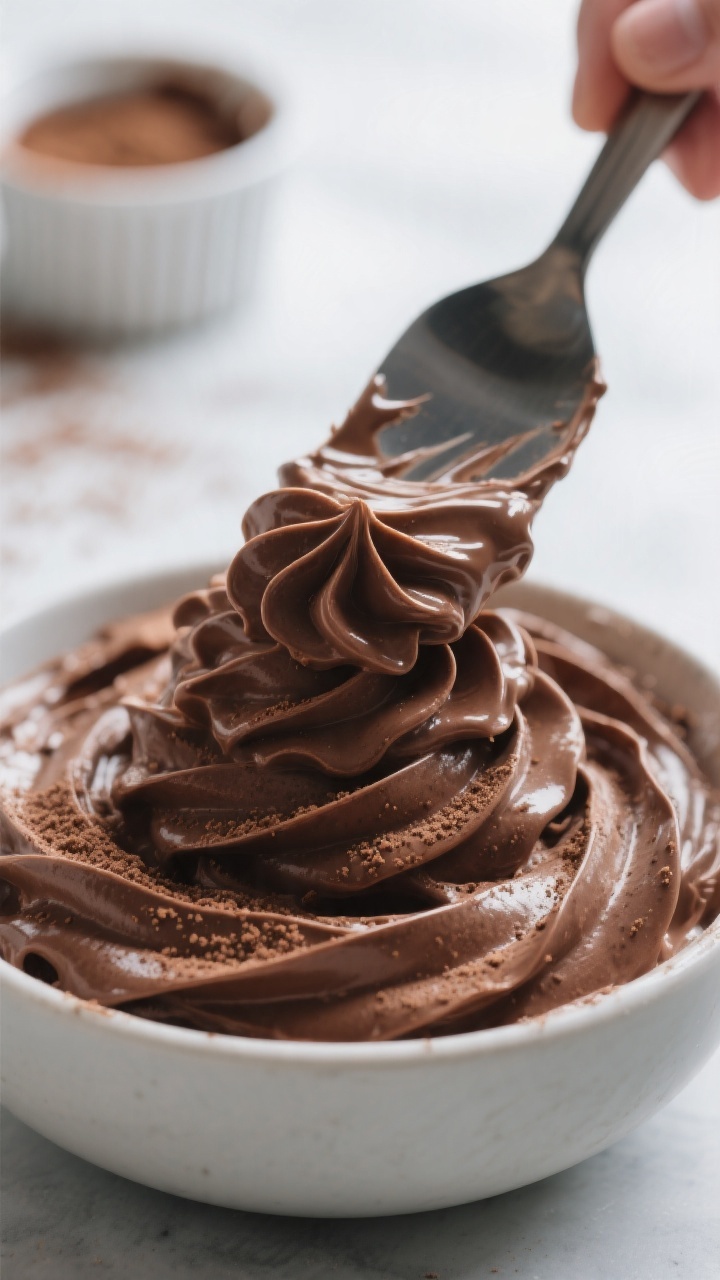 Close-up detail shot: A rich, glossy keto chocolate mousse being gently folded together—spatula li