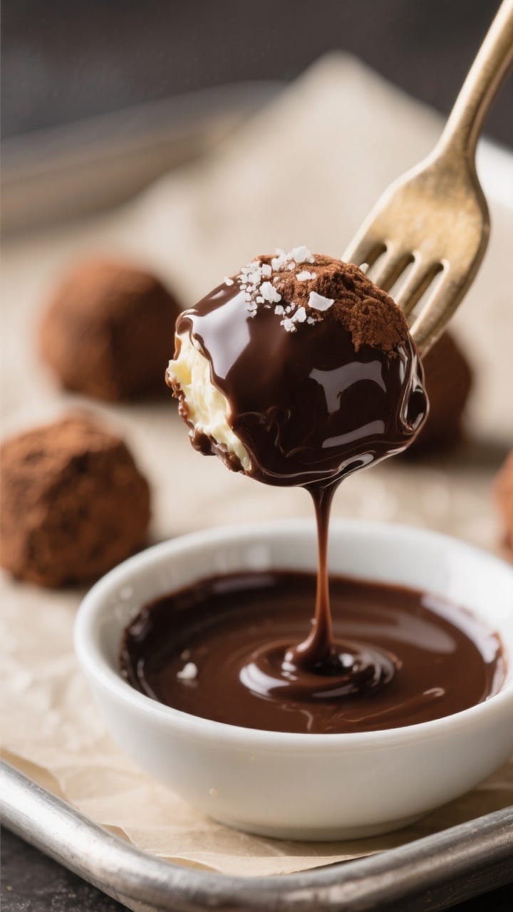 Close-up detail shot of a freshly dipped keto cream cheese dessert ball held on a fork above a bowl 