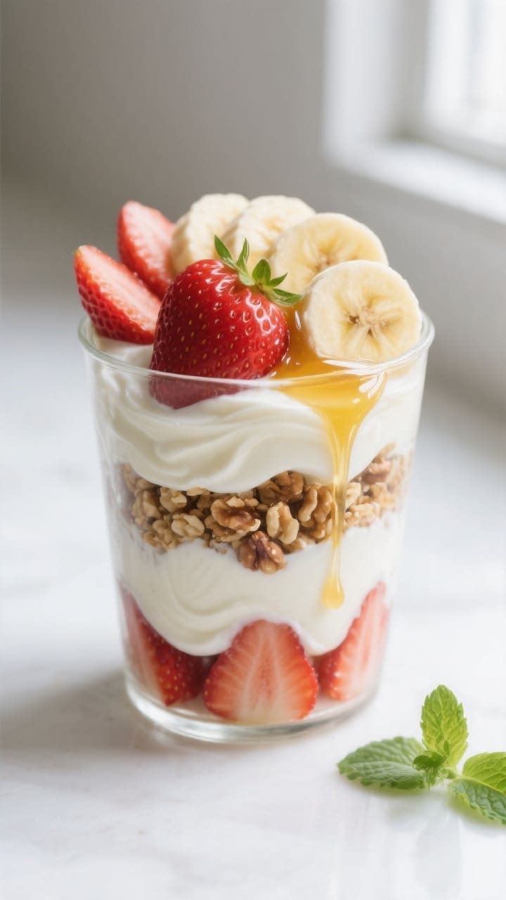 Close-up detail shot of a prepared strawberry–banana yogurt parfait mid-assembly: a clear tumbler 