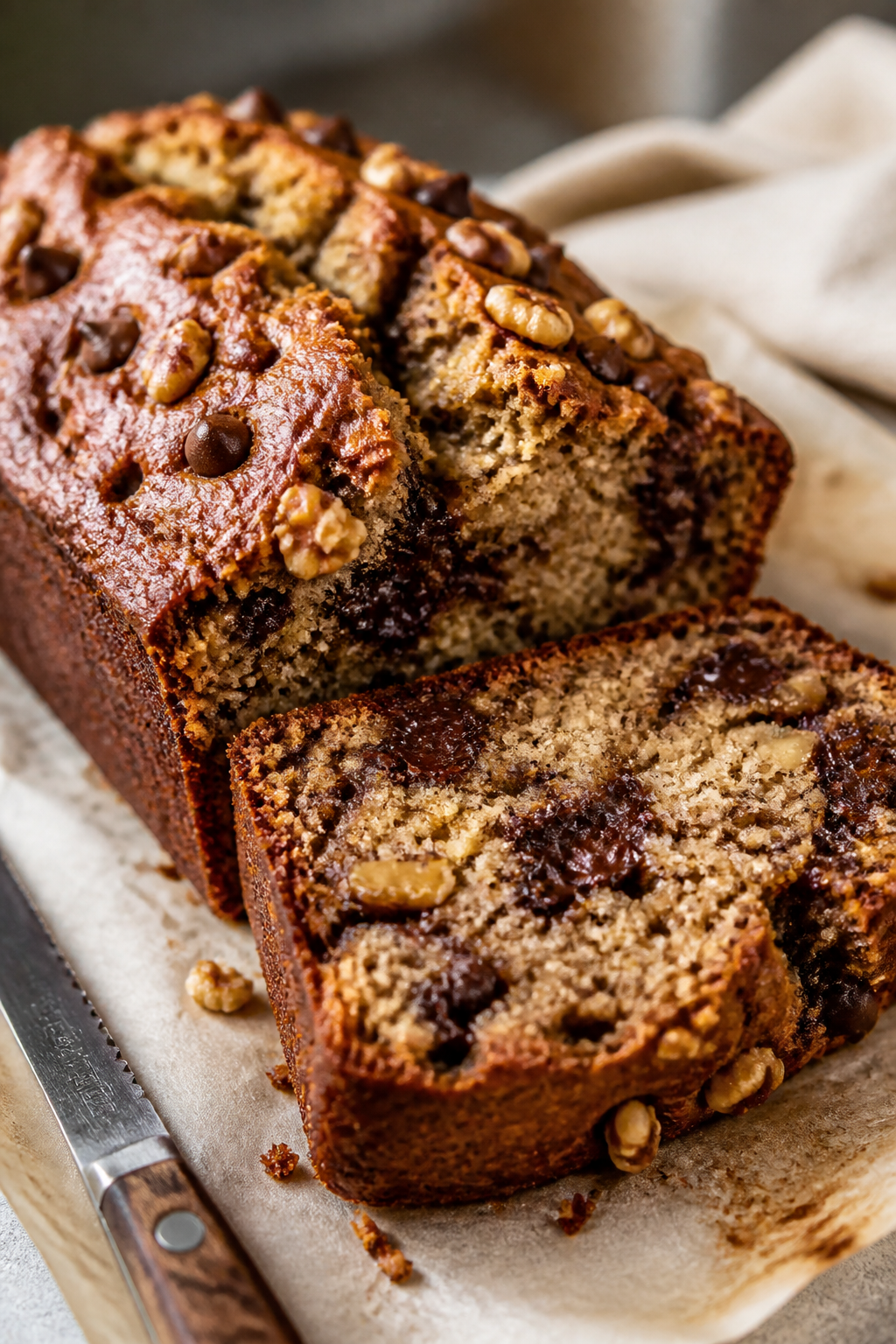Close-up detail shot of freshly baked banana bread dessert loaf just out of the pan, top studded wit