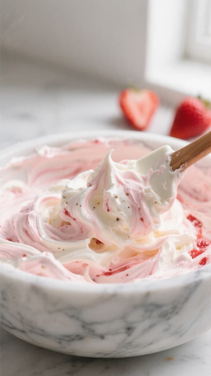 Close-up detail shot of keto strawberry fluff being gently folded together: a spatula sweeping throu