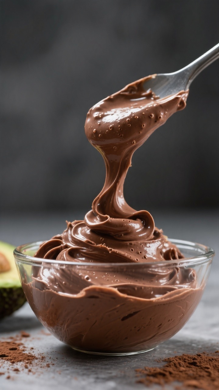 Close-up detail shot of silky vegan keto chocolate avocado mousse just after blending and before chi