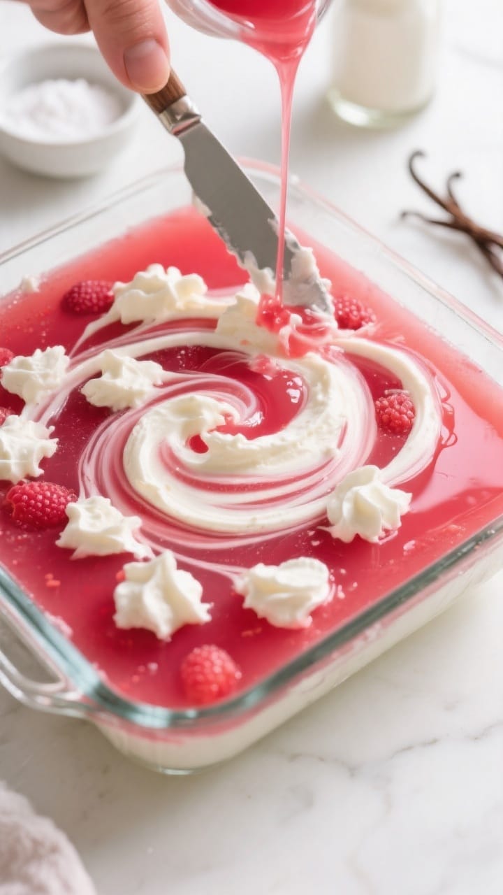 Close-up detail shot of the keto jello dessert mid-prep during the “create the swirl” step: a gl