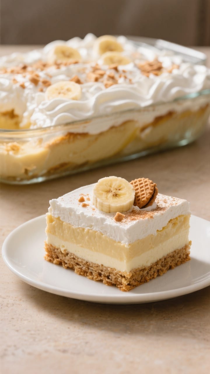 Close-up final presentation of banana pudding set overnight in a 9x13 dish, a generous cloud of soft