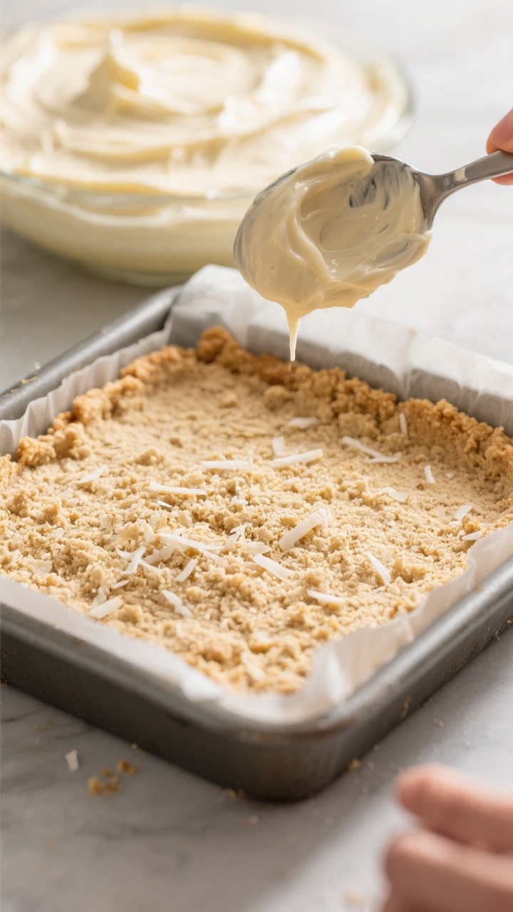Close-up process detail of the crust being compacted and chilled: the pressed almond flour–shredde