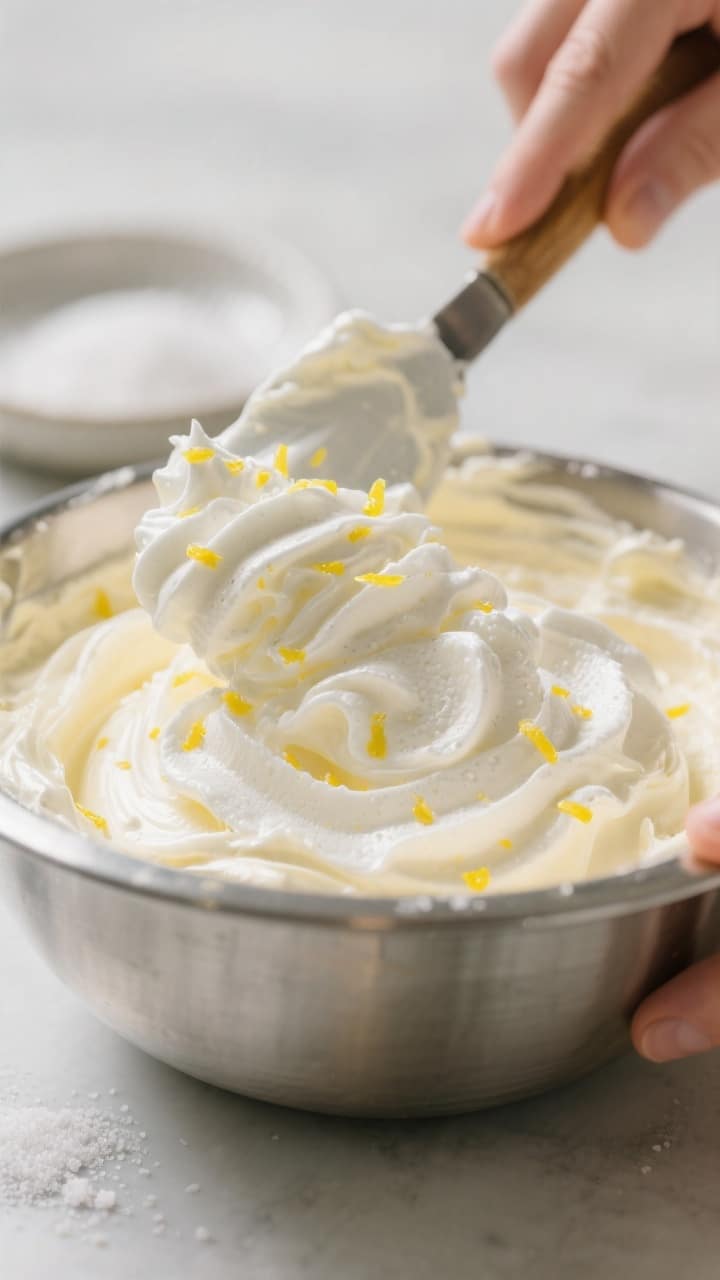 Close-up process shot: Lemon keto fluff being folded together — a spatula gently folding soft-peak