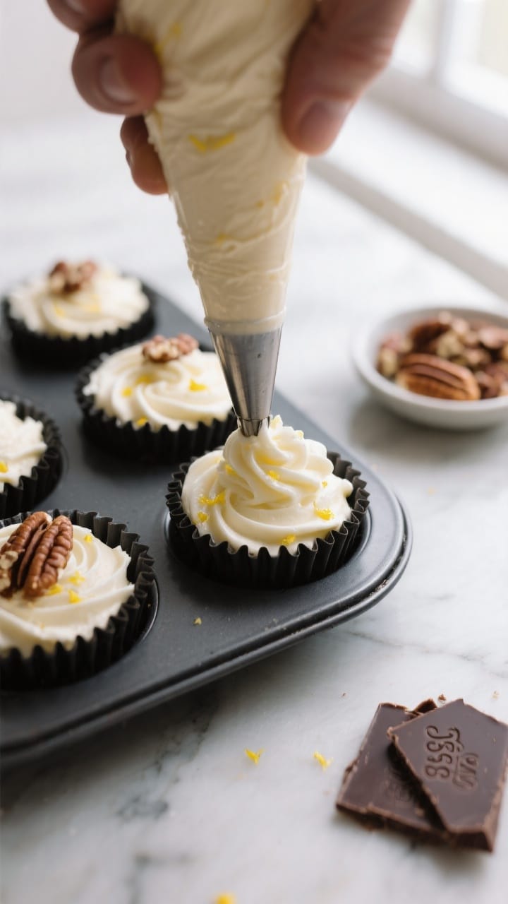 Close-up process shot: No-bake keto cheesecake mixture being piped into a matte black mini muffin si