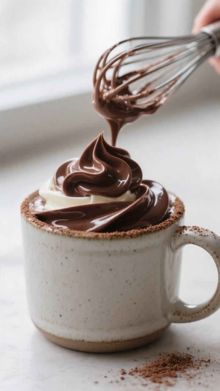 Close-up process shot: Thick, glossy keto chocolate mug mousse being whisked directly in a ceramic m