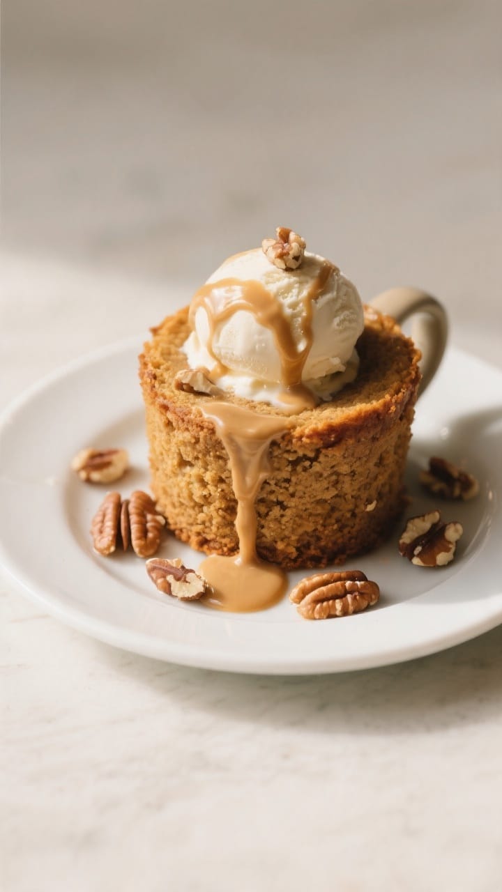 Close-up, three-quarter angle of the final plated mug cake turned out onto a small white dessert pla