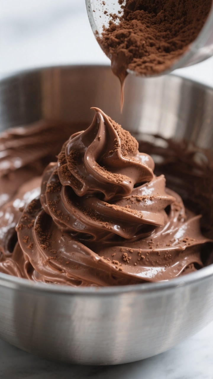 Cooking process close-up: Firm, glossy chocolate keto mousse forming in a chilled stainless-steel mi