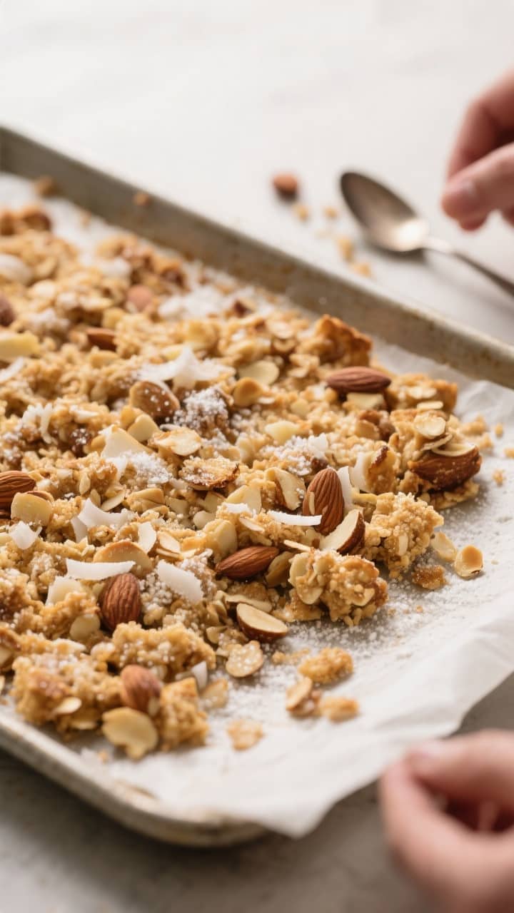 Cooking process close-up: Toasted almond-coconut crumble cooling on a parchment-lined tray after ski