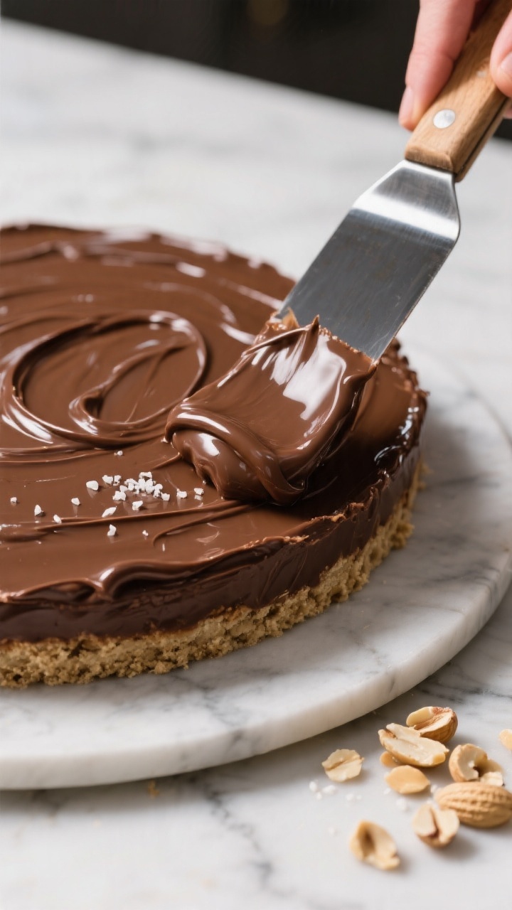 Extreme close-up process shot of the chocolate topping being smoothed over the chilled peanut layer: