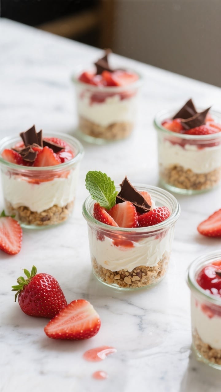 Final dessert overhead: Keto Strawberry Dessert Cups layered in clear mini glass jars—pressed almo