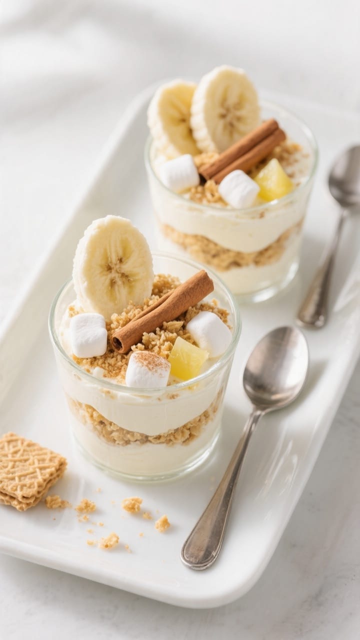 Final dish, overhead presentation: Overhead shot of Banana Fluff Dessert portioned into clear glass 