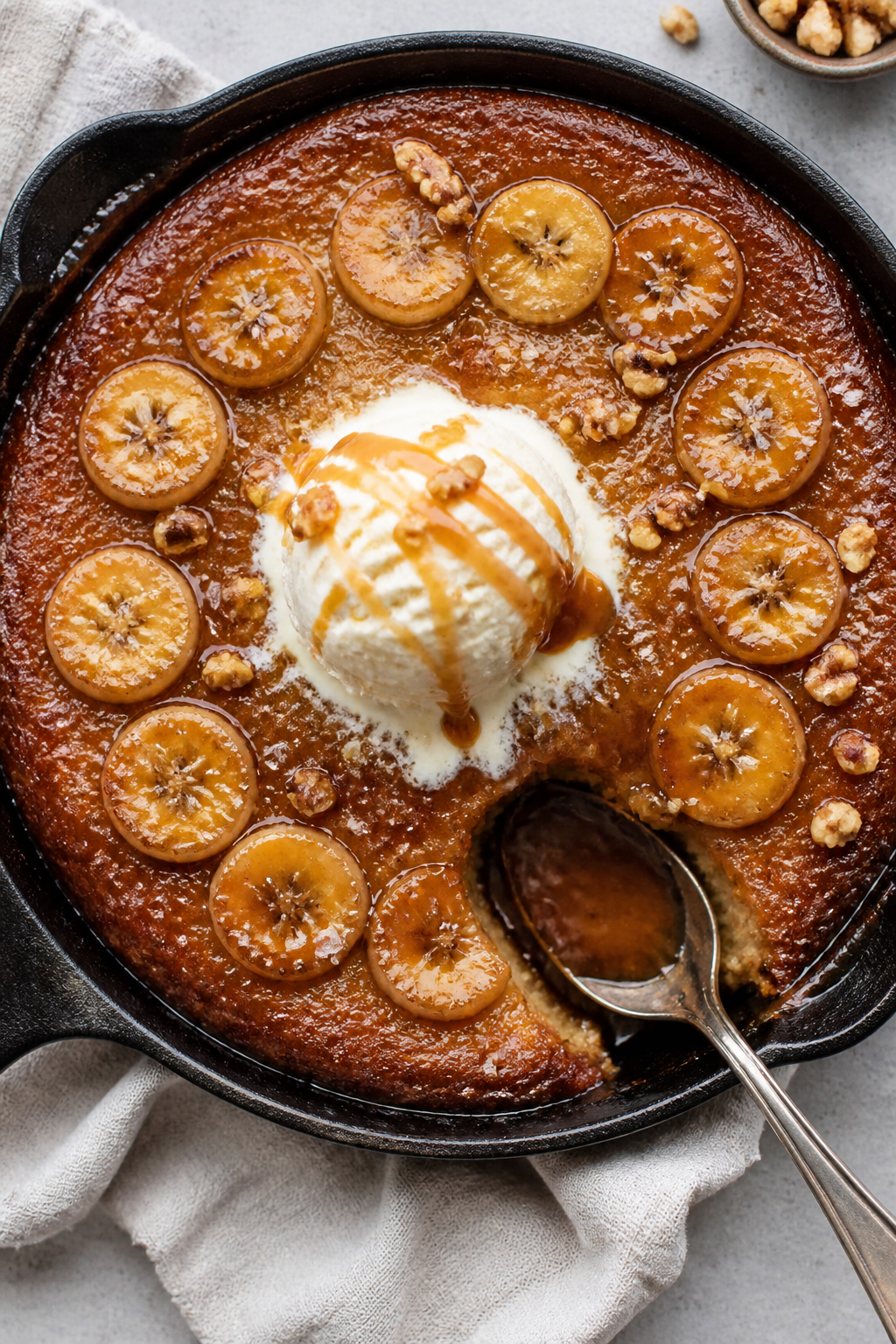Final dish/overhead: Tasty top view of the finished Quick Banana Dessert Skillet Cake served warm in