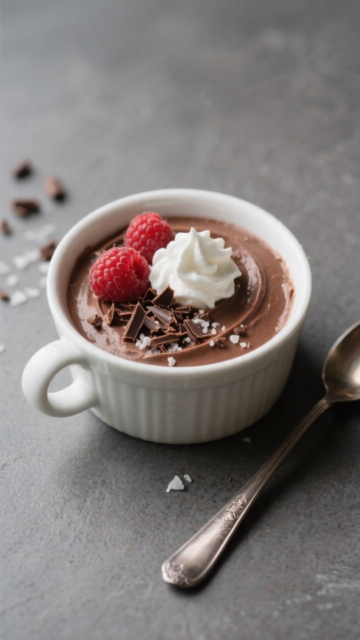 Final plated overhead: Beautifully spooned keto creamy chocolate mug mousse in a small white ramekin