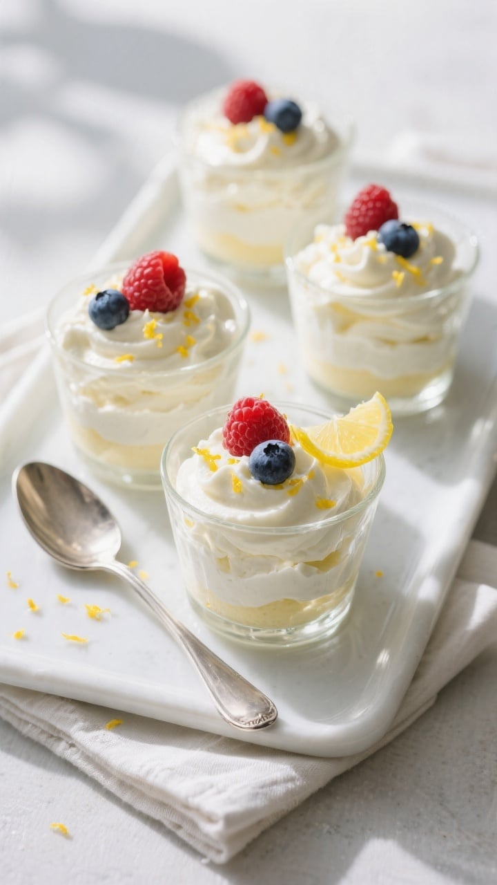 Final plated overhead: Elegant lemon keto fluff served in small clear dessert glasses on a matte whi