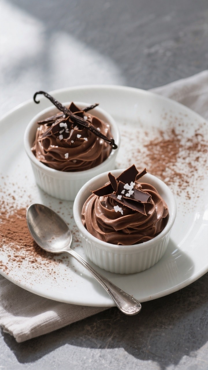 Final plated overhead: Elegant top-down shot of chocolate keto mousse portioned into small white ram