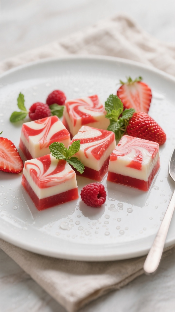 Final plated overhead shot of chilled, clean-cut squares of strawberry keto jello dessert with disti