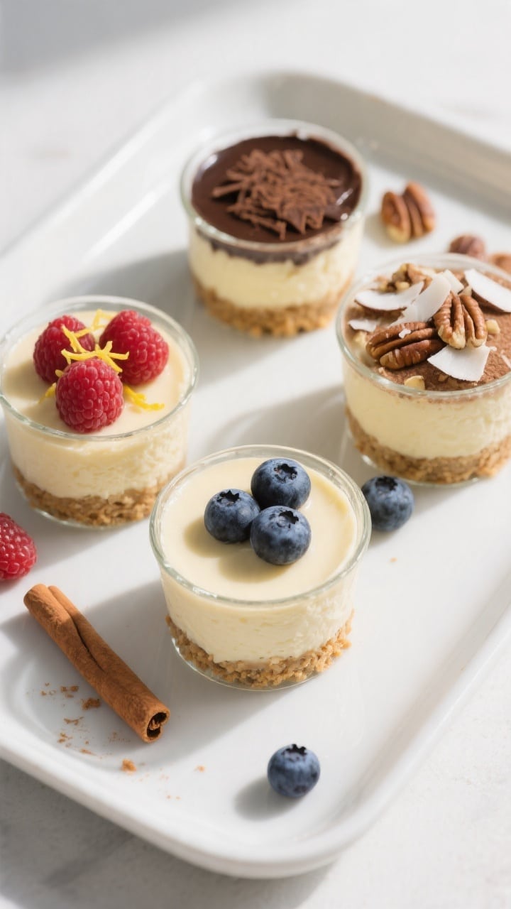 Final plated overhead shot: Tidy arrangement of four finished keto cheesecake cups on a matte white 