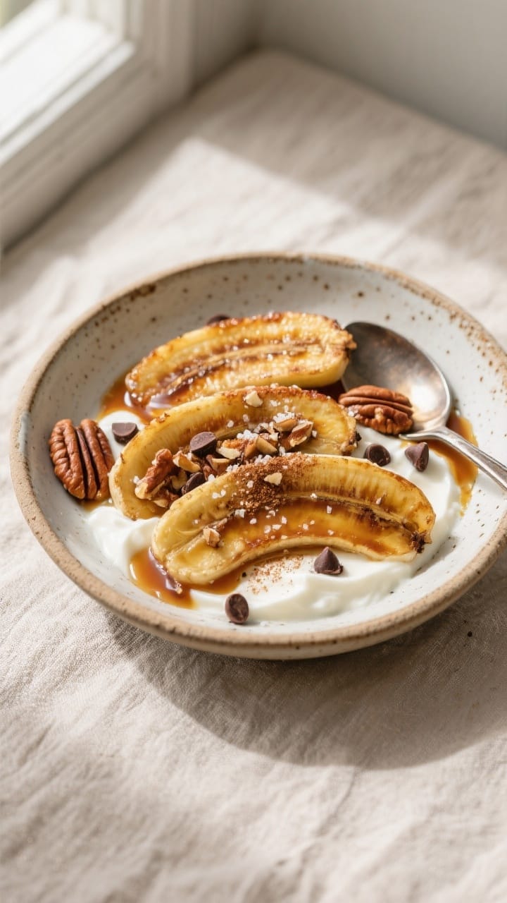 Final plated overhead shot: Warm baked banana slices arranged in overlapping ovals in a shallow cera