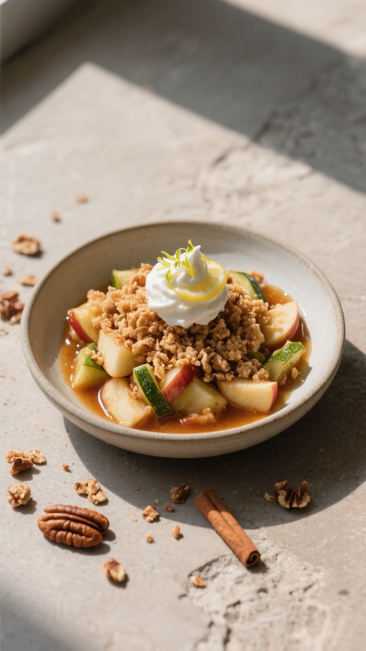 Final plated, top-down presentation: Overhead shot of a warm serving of keto apple-cinnamon crumble