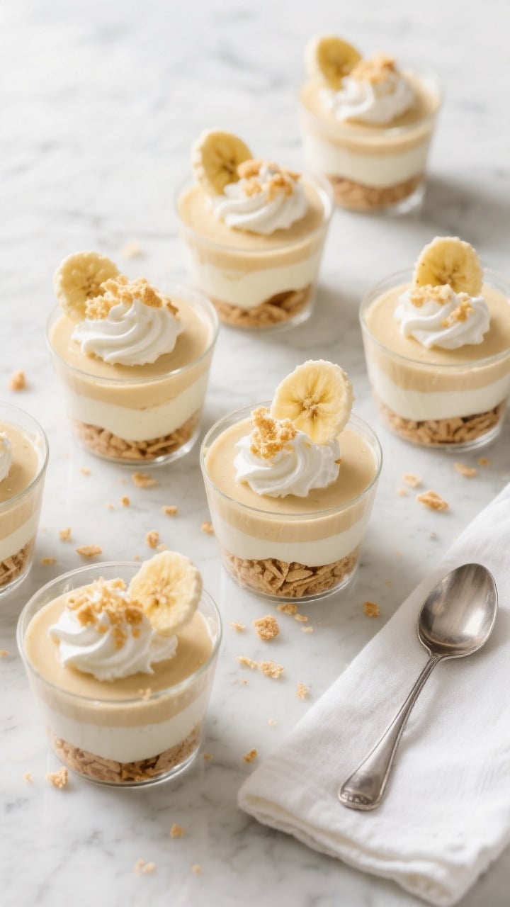 Final presentation/top-down shot: Overhead view of finished banana pudding dessert cups arranged on 