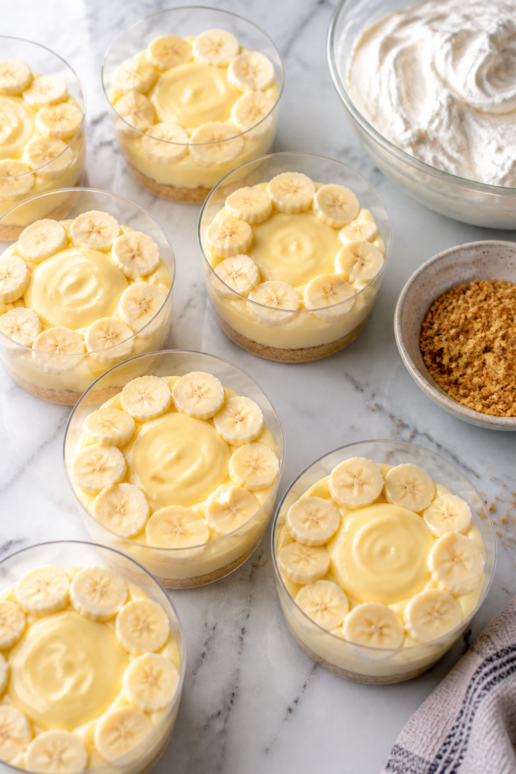 Overhead cooking-process shot of assembly: multiple clear dessert cups arranged on a cool marble sur