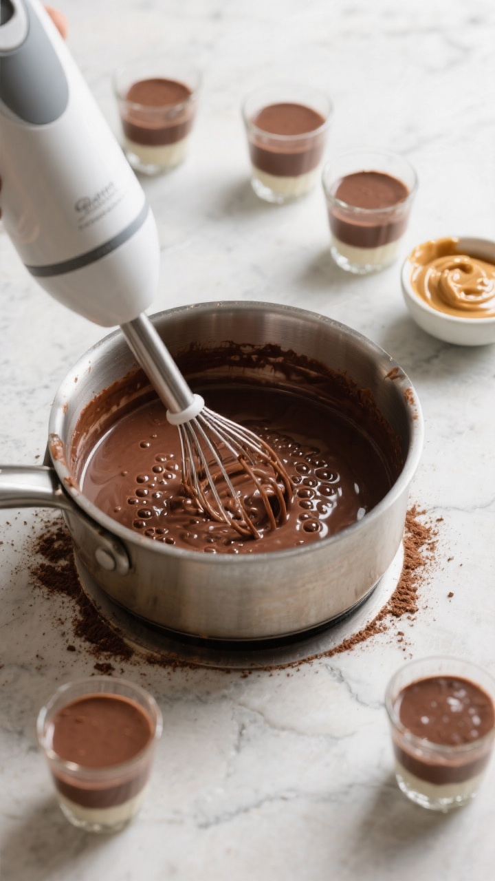 Overhead cooking-process shot of the pudding base in a saucepan, immediately after the bloomed gelat