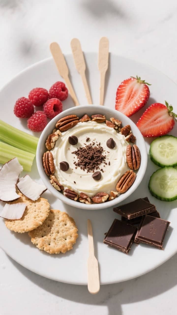 Overhead final presentation: A bowl of finished keto cream cheese dessert dip styled like a cheeseca