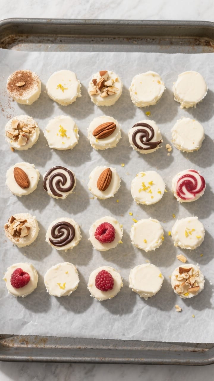 Overhead final presentation: A neat grid of 18 bite-size keto cheesecake fat bombs on parchment over