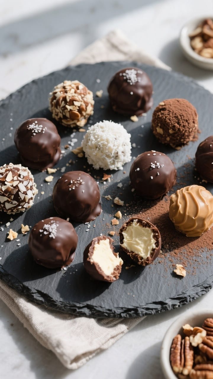 Overhead final presentation of assorted keto cream cheese dessert balls set on a matte slate platter