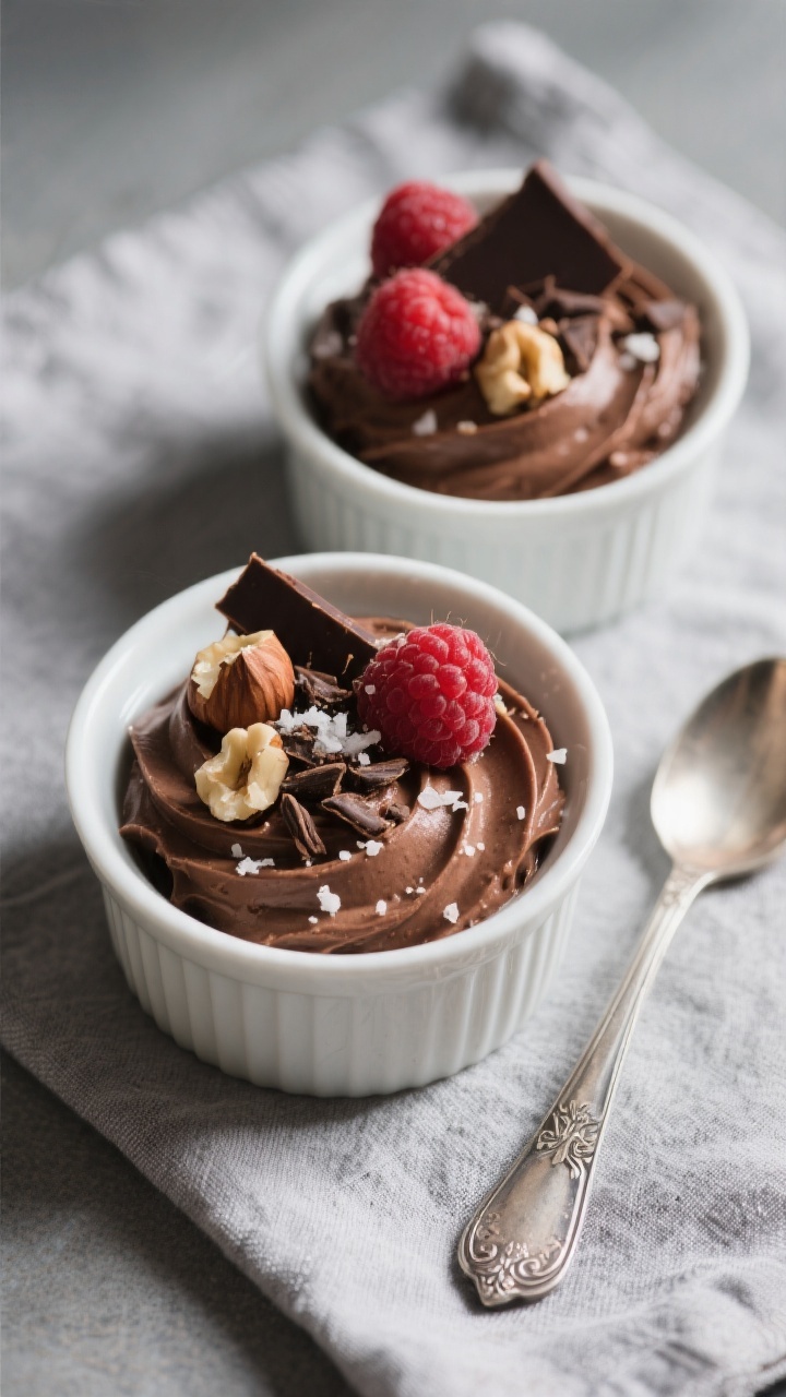 Overhead final presentation of chocolate avocado mousse portioned into small white ramekins, topped