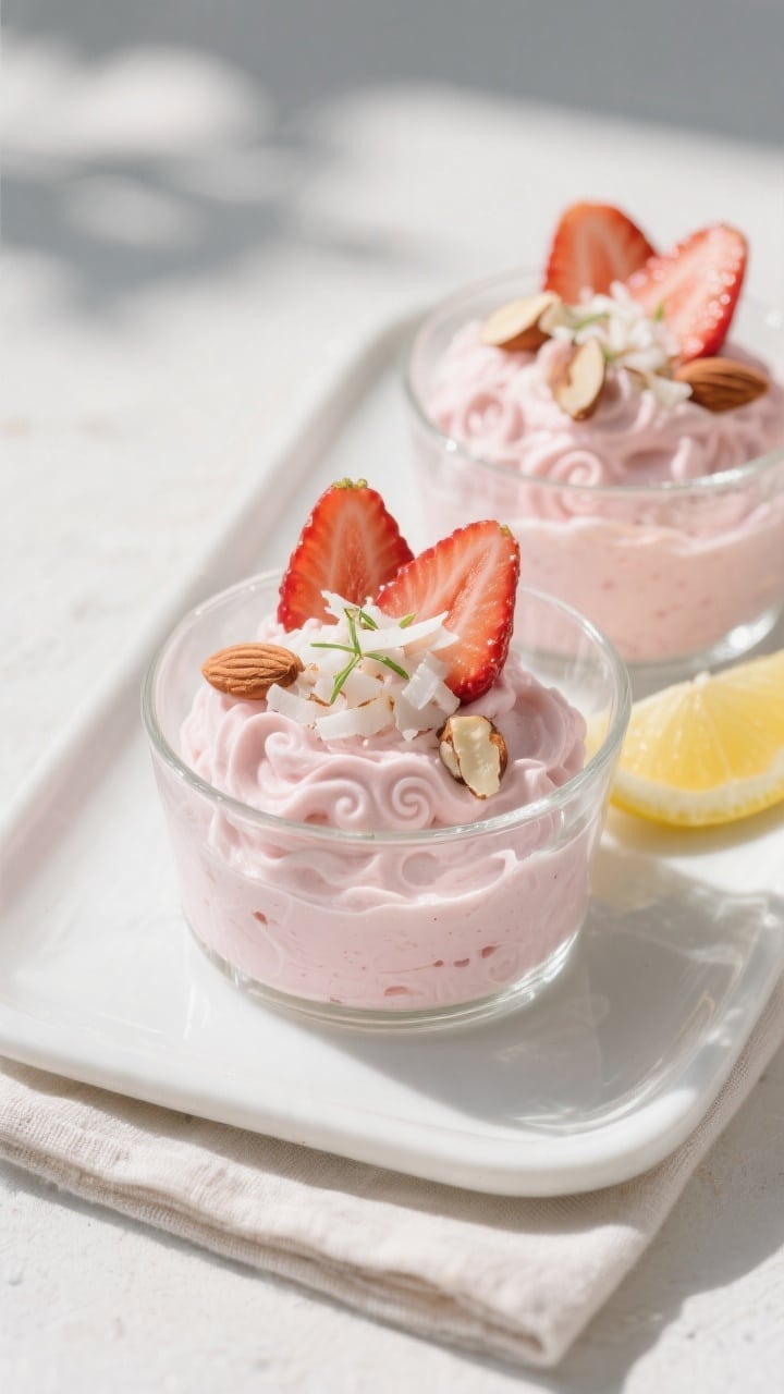 Overhead final presentation of Keto Fluff Dessert With Strawberry and Cream served in clear glass de