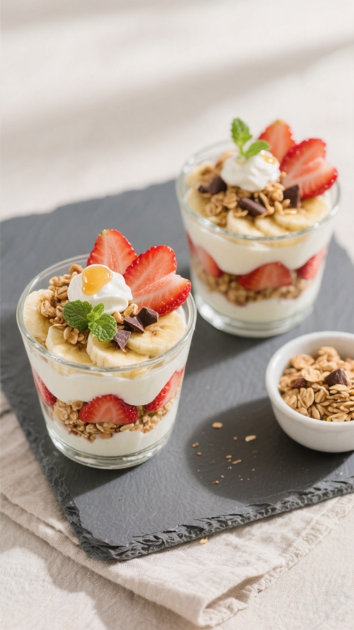 Overhead final presentation of the Select Strawberry and Banana Dessert Parfait: two elegant glass d