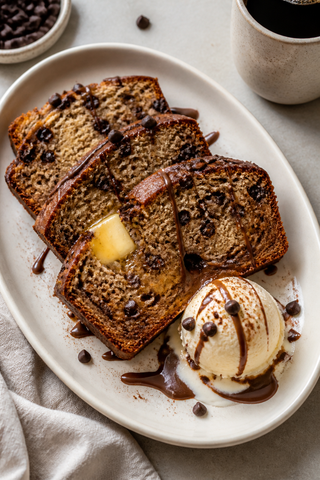 Overhead final presentation of thick slices of banana bread with chocolate chips arranged on a matte