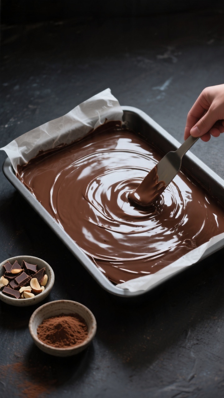 Overhead process shot: The set dessert in the pan right after the chocolate layer has been poured an