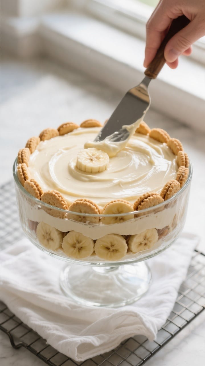 Overhead shot of a classic banana pudding trifle mid-assembly in a clear glass trifle bowl: neat rin
