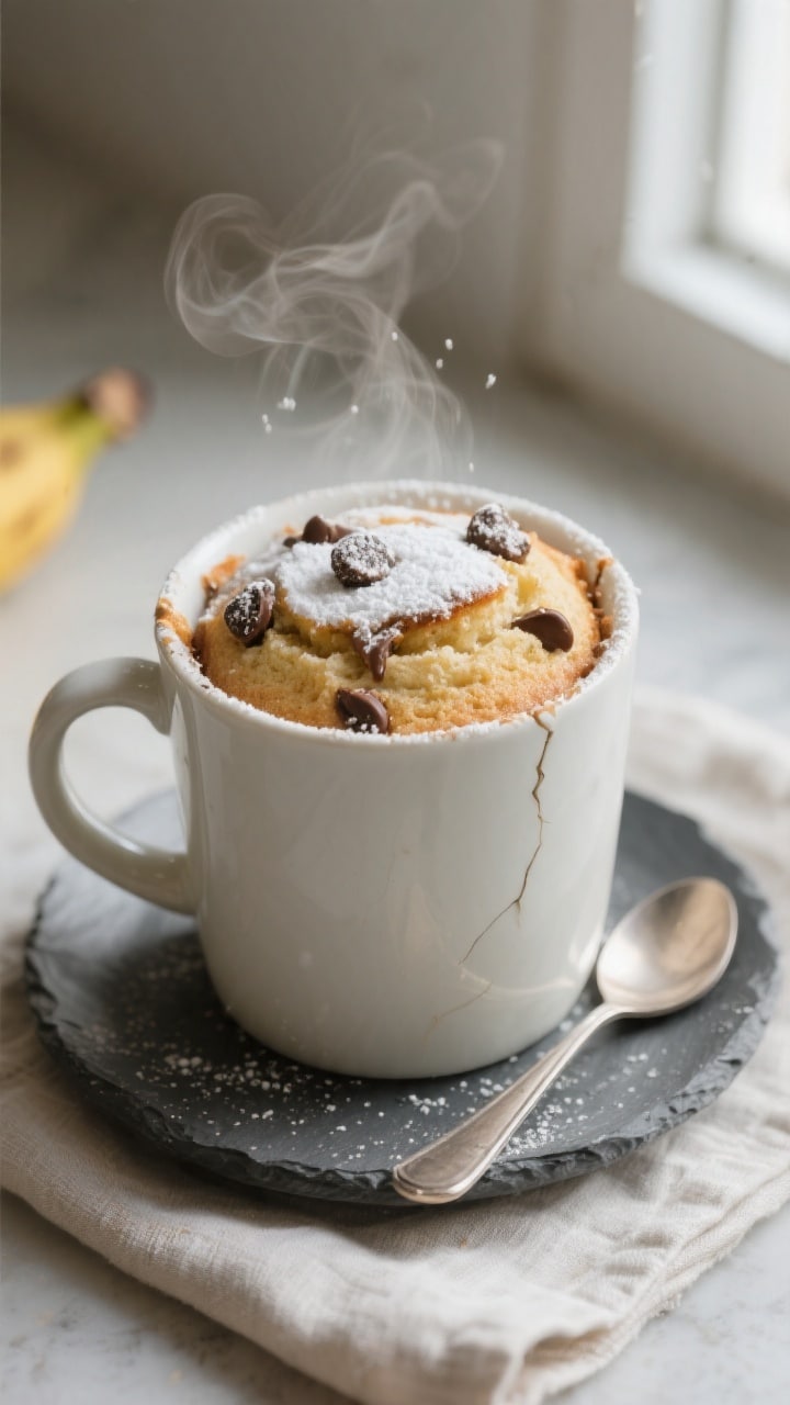 Overhead shot of a freshly microwaved banana mug cake in a clean 12–14 oz ceramic mug, top cracked