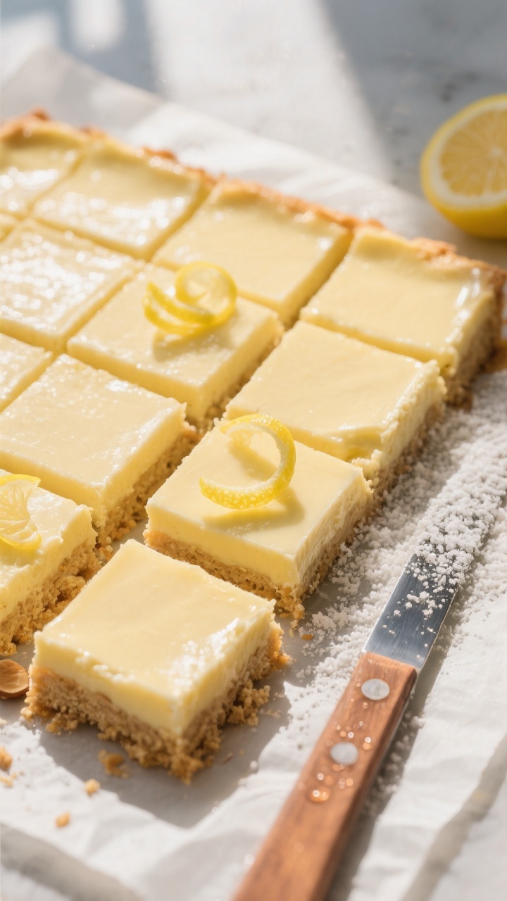 Overhead shot of freshly baked Lemon Keto Dessert Squares being sliced cleanly on a parchment-lined 