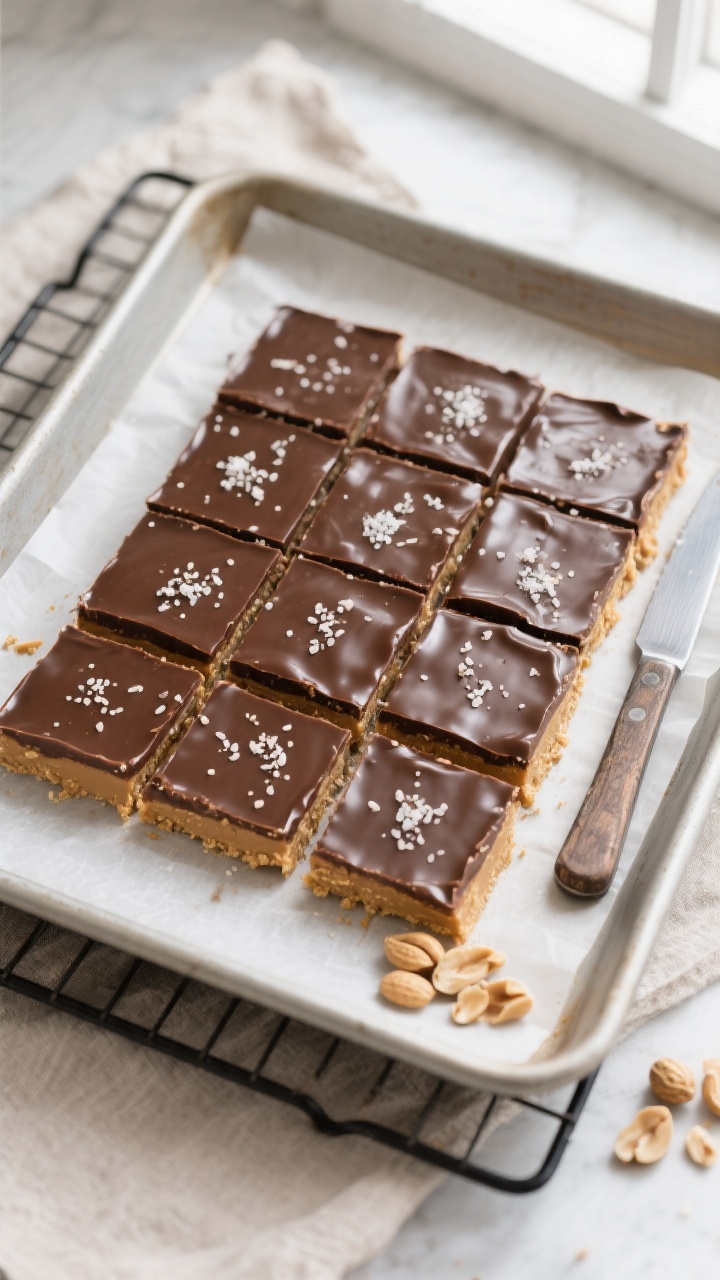 Overhead shot of freshly set keto peanut butter dessert bars on parchment lifted from an 8x8 pan: cl