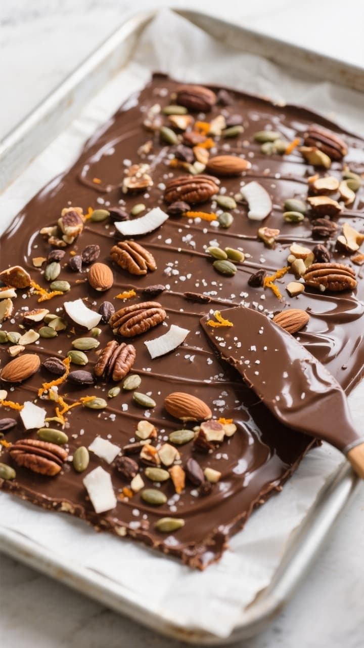 Overhead shot of freshly spread keto chocolate bark on a parchment-lined rimmed baking sheet, still 