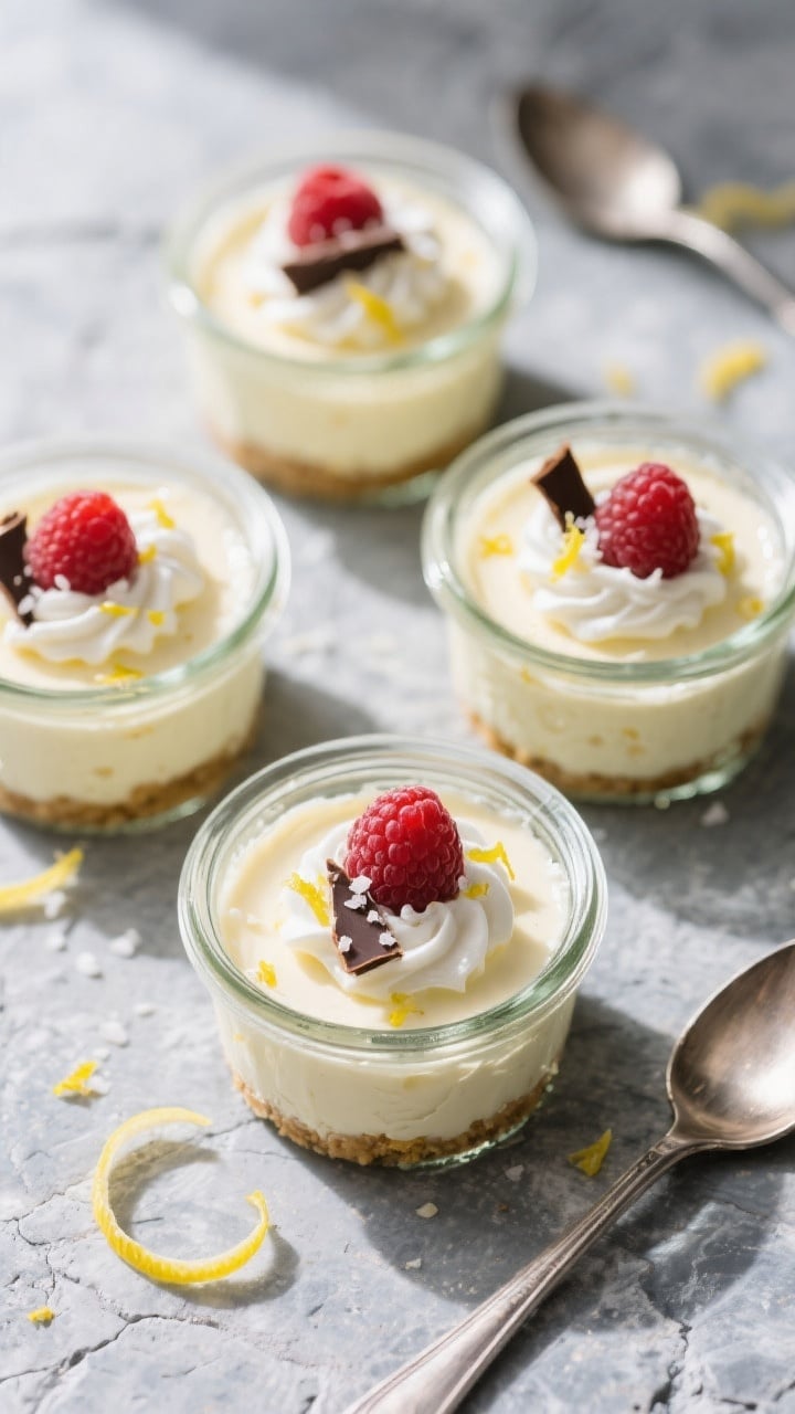 Overhead shot of mini no-bake keto lemon cheesecake cups set in small glass jars, silky cream cheese