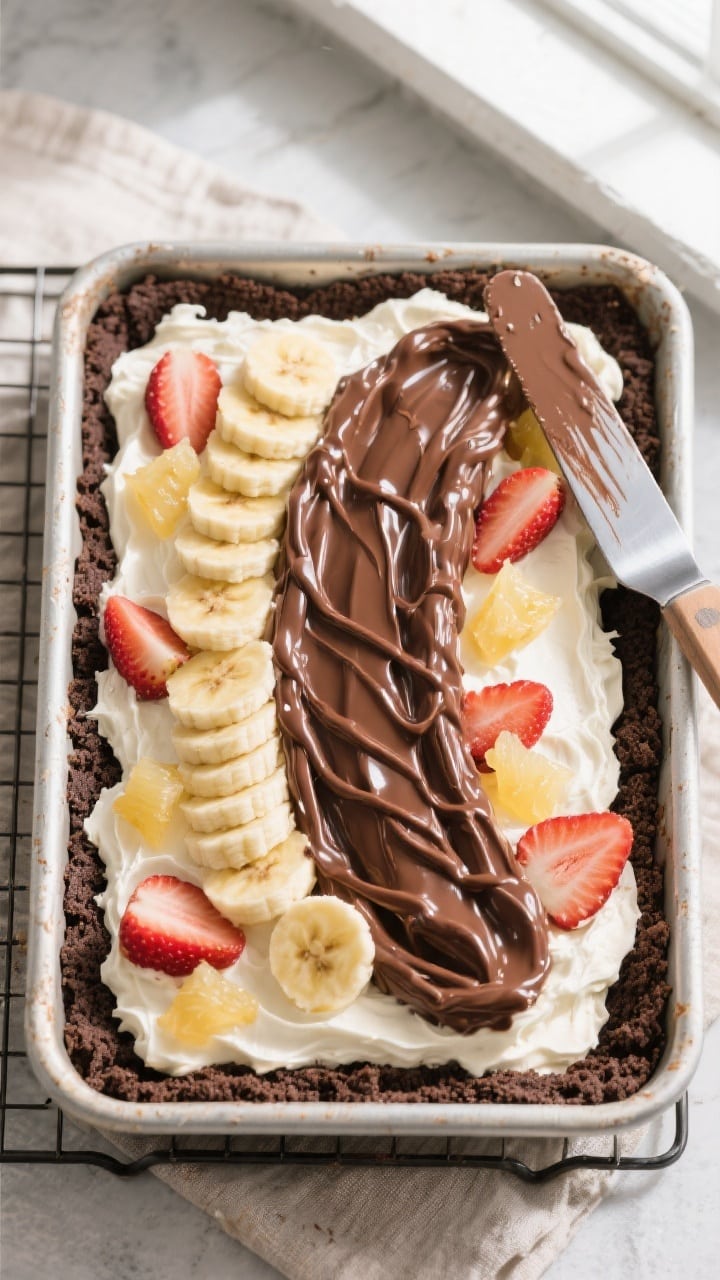 Overhead shot of the assembled No Bake Banana Split Dessert in a 9x13-inch pan just after the chocol