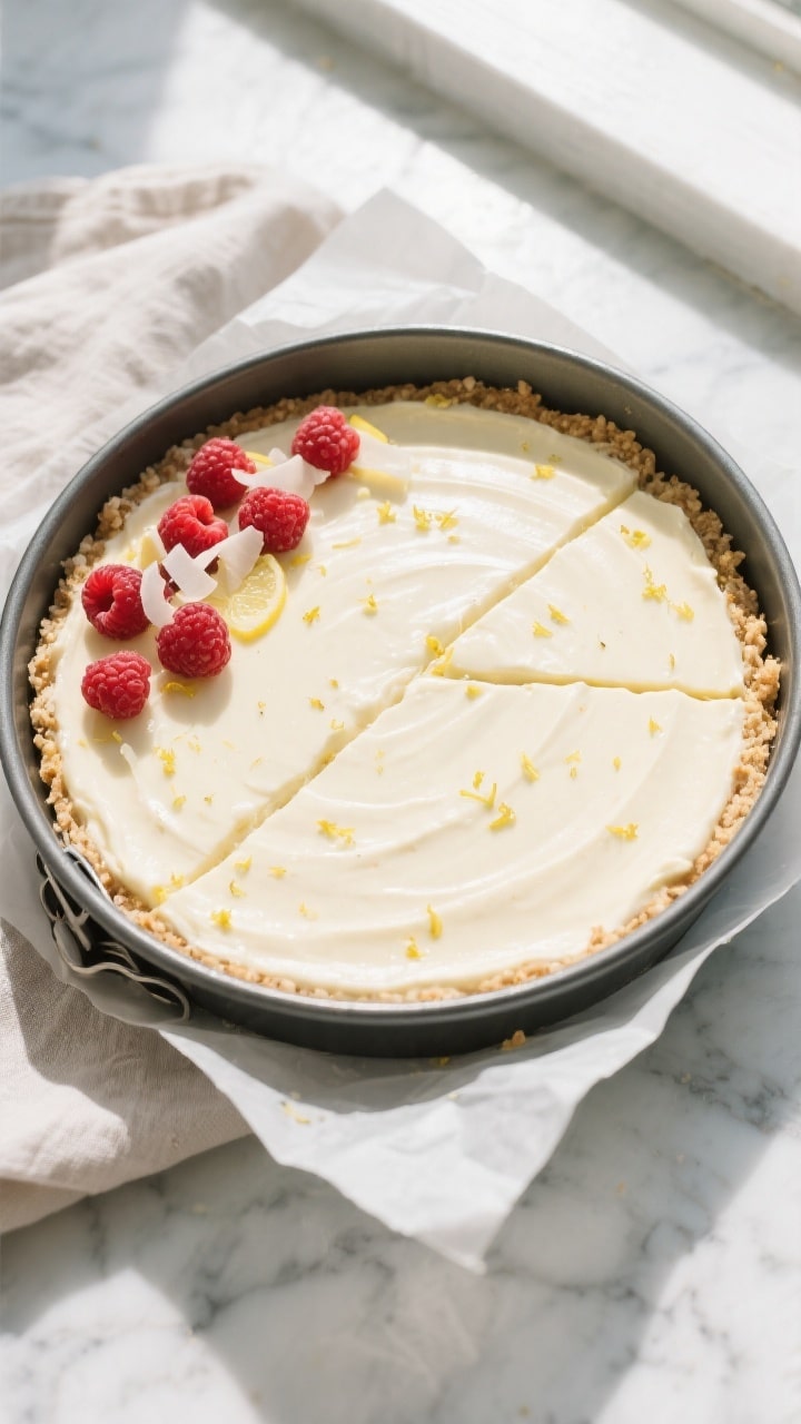 Overhead shot of the no-bake keto lemon-vanilla cheesecake slab just set in a 9-inch springform pan,