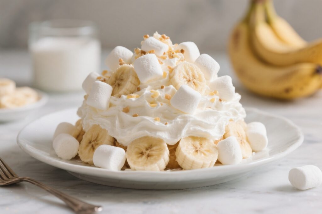 Banana Fluff Dessert With Marshmallows and Cream