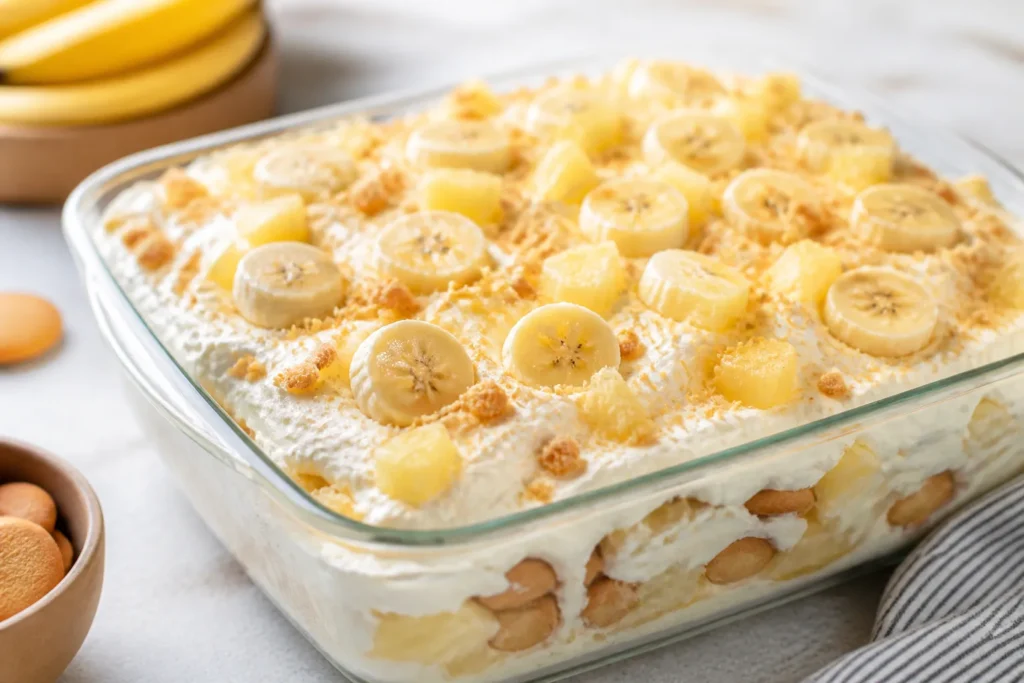 Banana Fluff Dessert With Pineapple and Cream